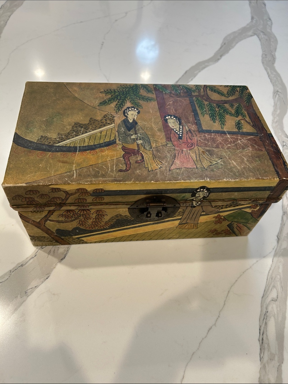 19th Century Chinese Chest Hand-Painted Wooden & Leather